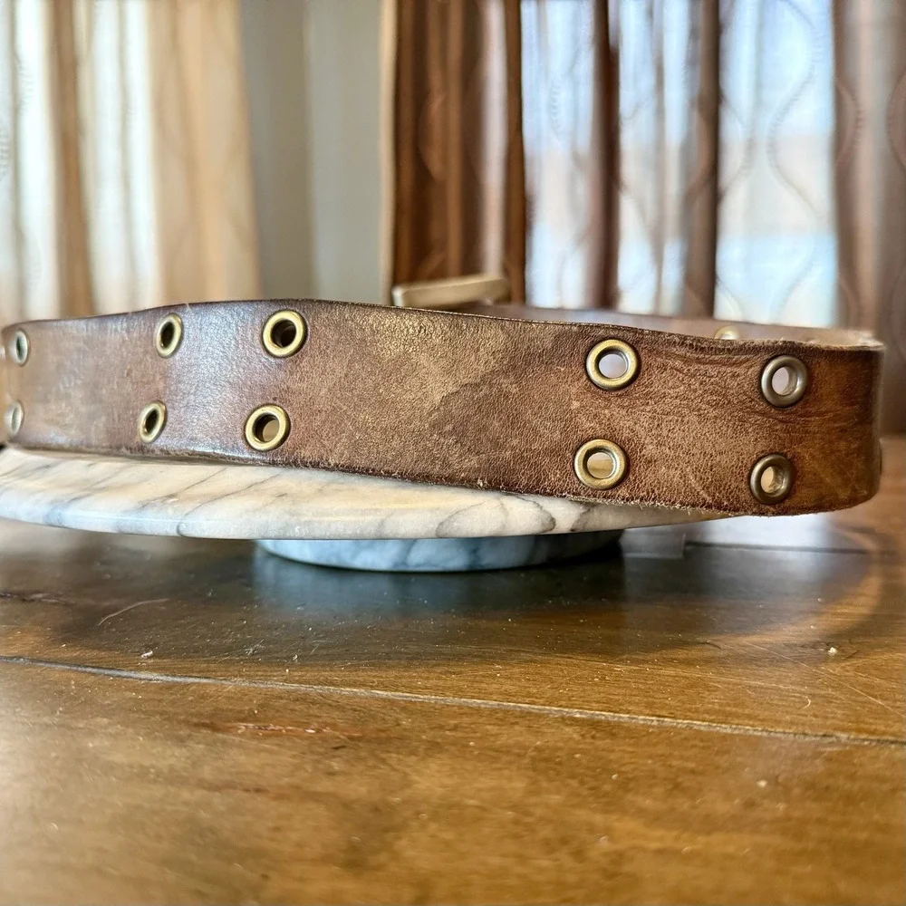 VTG 90s Y2K American Eagle Brown Leather Weathered Silver Grommet Belt Sz 34-40